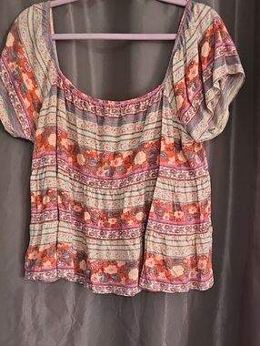 Lucky Brand Floral Stripe Peasant Top in Coral & Lavender